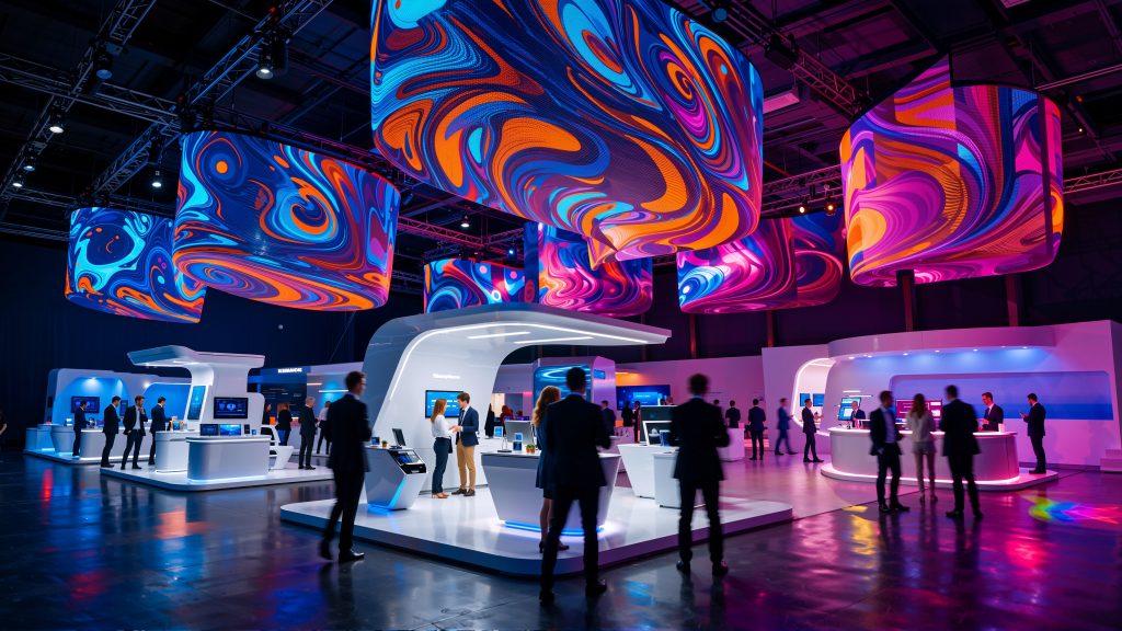 Futuristic exhibition hall with massive LED screens colorful digital visuals modern tech trade show event