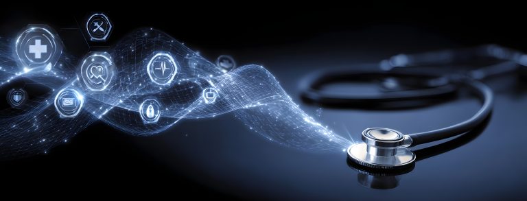 Modern stethoscope integrated with a luminous digital wave representing advanced medical services and data.
