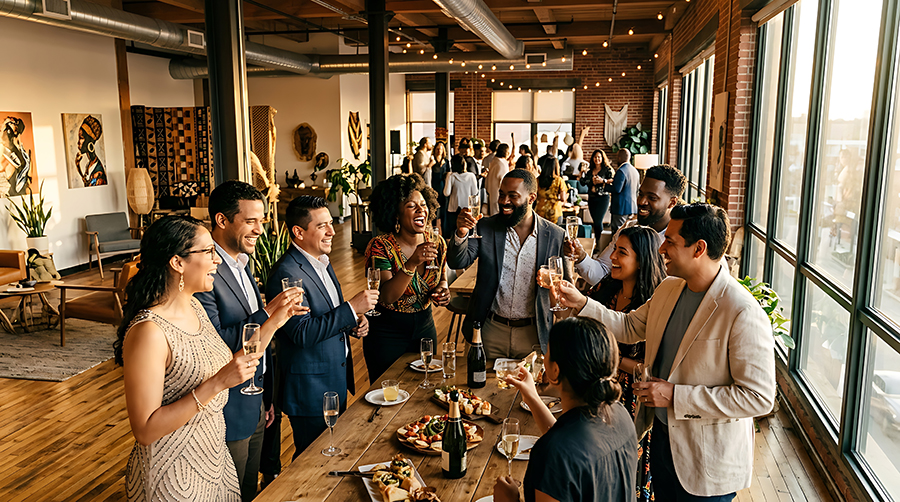 Diverse friends toasting at a stylish dinner party celebration